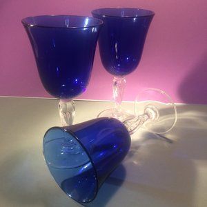 Set of Three Cobalt Blue Stemmed Glasses Wine or Water